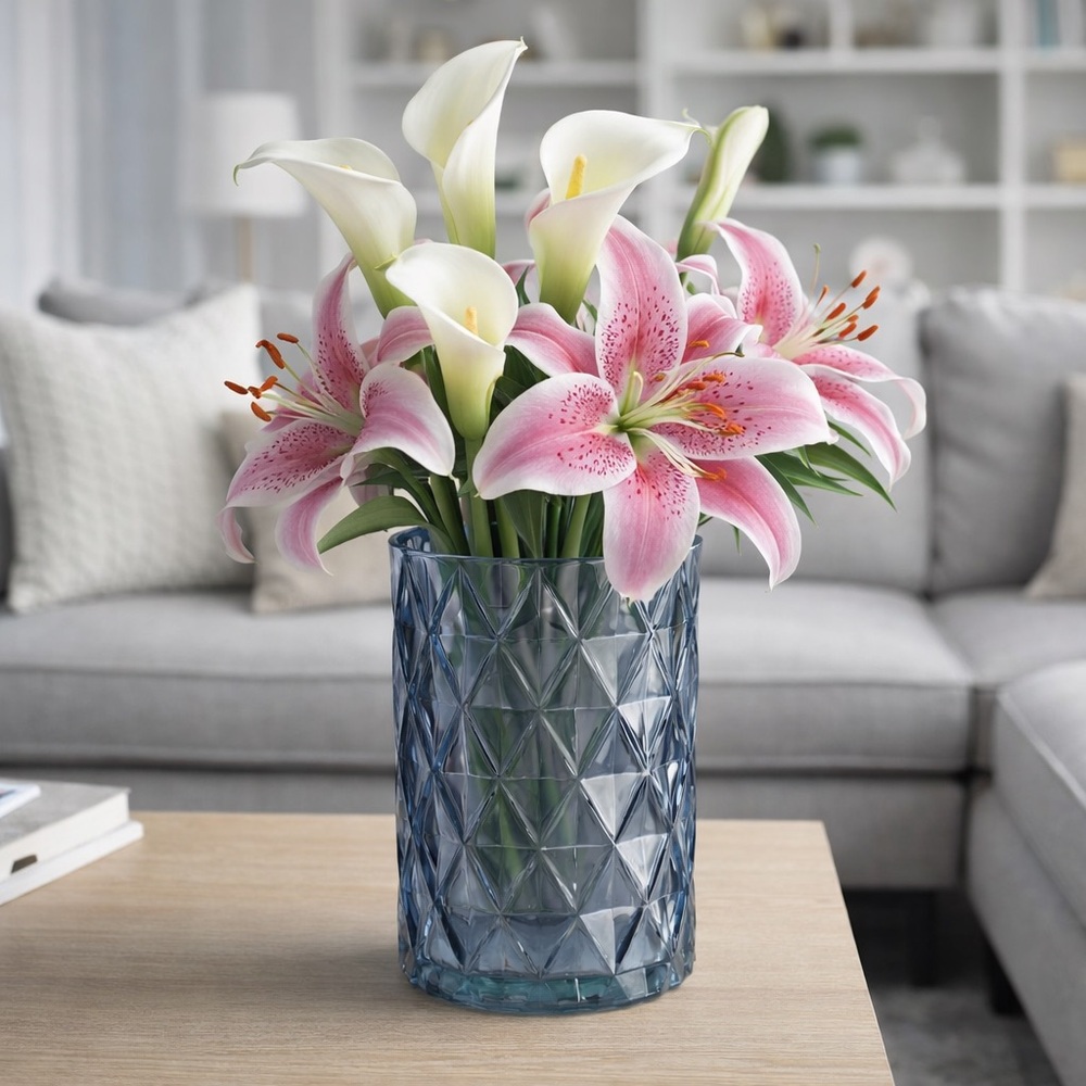 Smoky Blue Diamond Cut Glass Vase – Modern Geometric Decorative Vase (8” Tall)